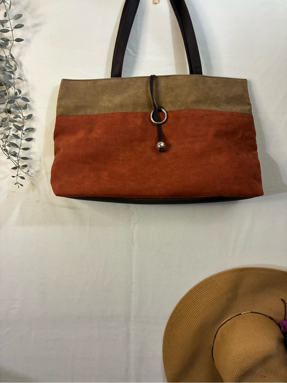 Estee Lauder Two-Tone Faux Suede Tote in Rust and Khaki